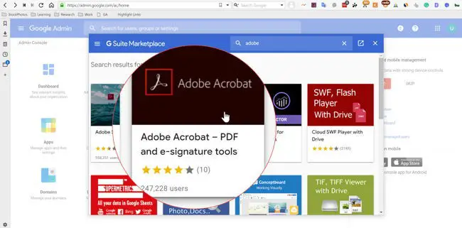 Search for Adobe Acrobat in GSuite Marketplace using the domain admin