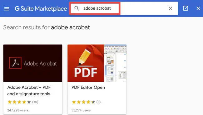 Search for Adobe Acrobat in GSuite Marketplace