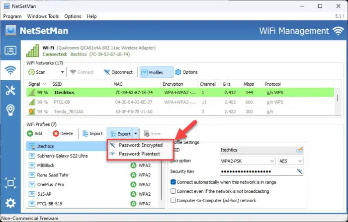 Select how to export the profile