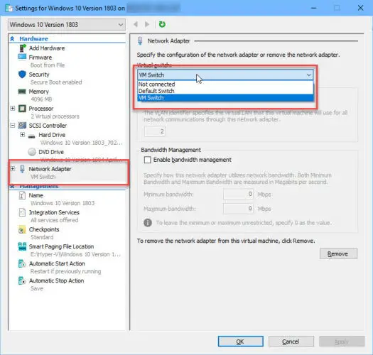 Select Network Adapter in Hyper V Settings