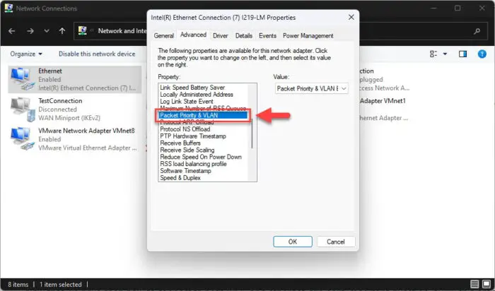 Select Packet priority and VLAN