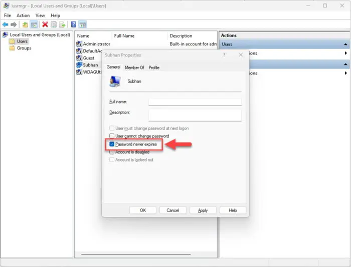 Set password to never expire using Local Users and Groups