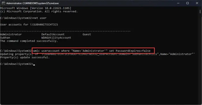 Set specific user accounts password to never expire using Command Prompt