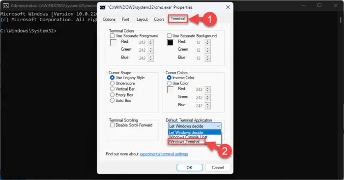 Set Windows Terminal as the default command line app from Windows console preferences