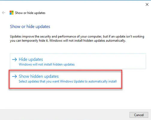 Show hidden updates selection window