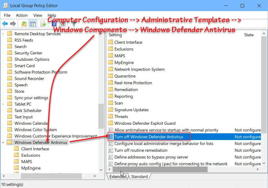 Turn off Windows Defender Antivirus group policy