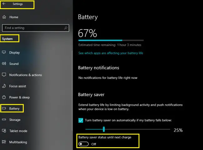 Turn on battery saver mode in Windows settings