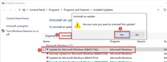 Uninstall a Windows update using Windows update history