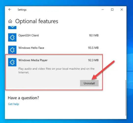 Uninstall Windows Media Player from Windows 10 optional features