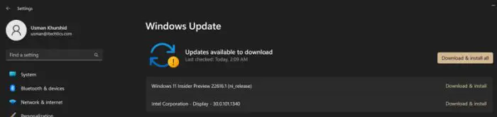 Update available Windows 11 Insider Preview 22616