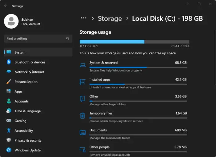 View breakdown of consumed storage space in Windows