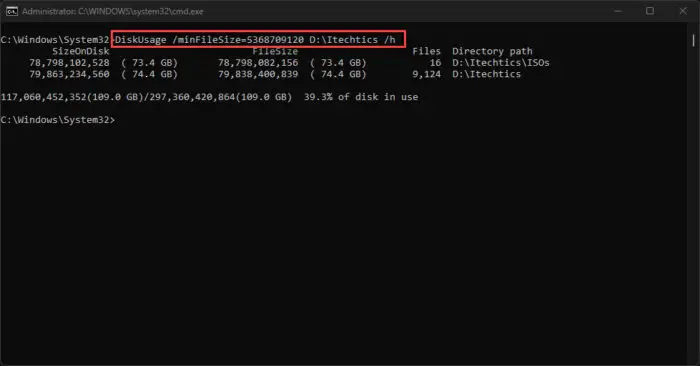 View disk usage greater than specific file size using Command Prompt