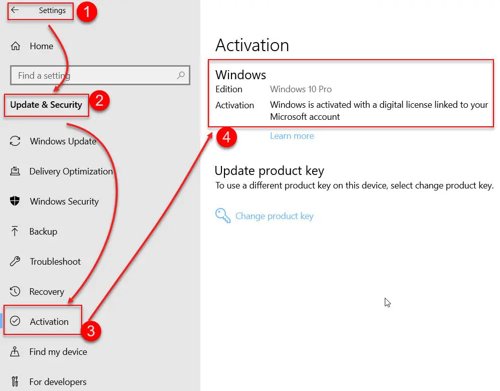 Windows 10 activation settings