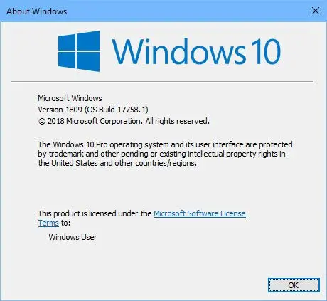 Windows 10 Version 1809 winver