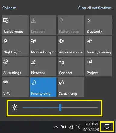 Change screen brightness using Action Center in Windows 10