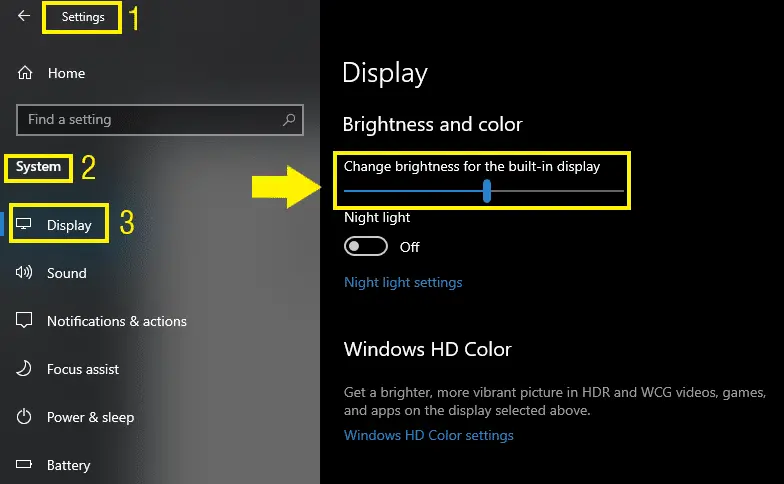 Adjusting screen brightness from Windows Settings