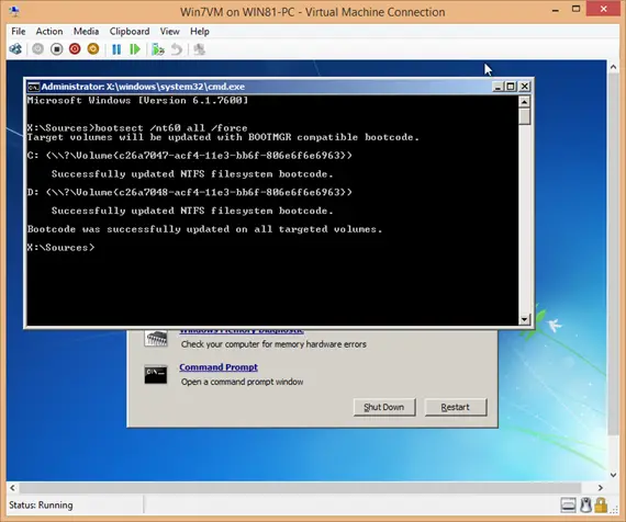 Windows 7 command to fix black screen executed successfully